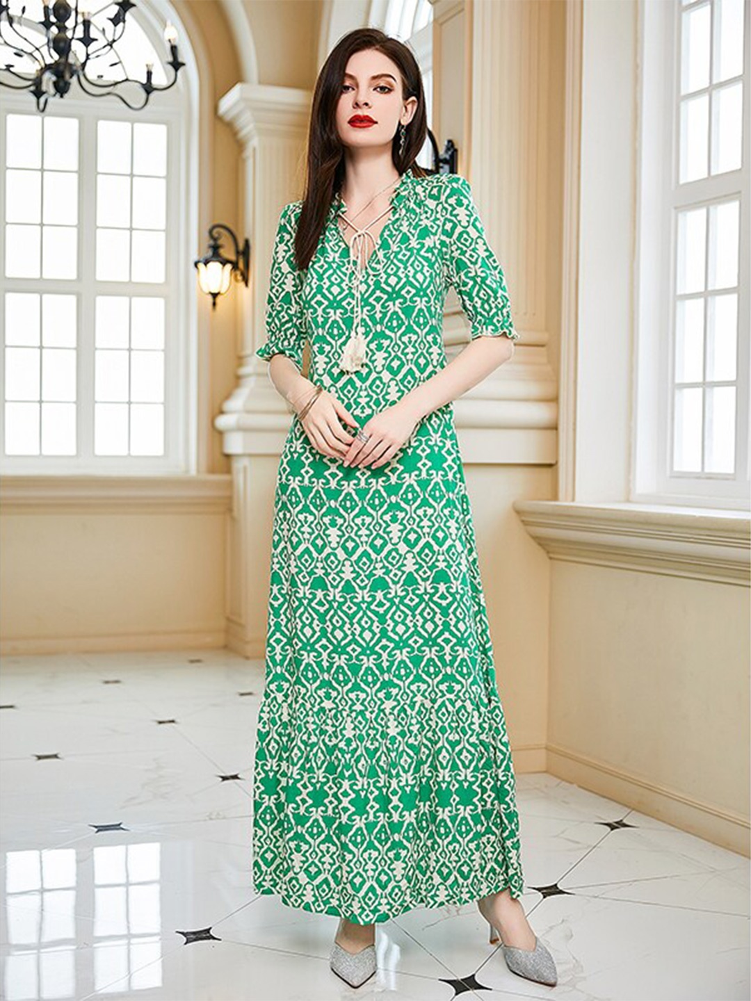 

StyleCast Green Ethnic Motif Printed Puff Sleeves Maxi Dress