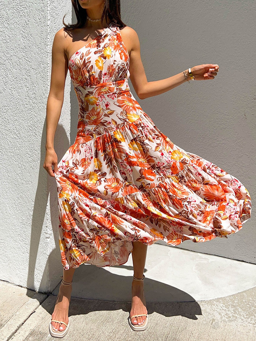 

StyleCast Orange Floral Printed One Shoulder Fit & Flare Midi Dress, White