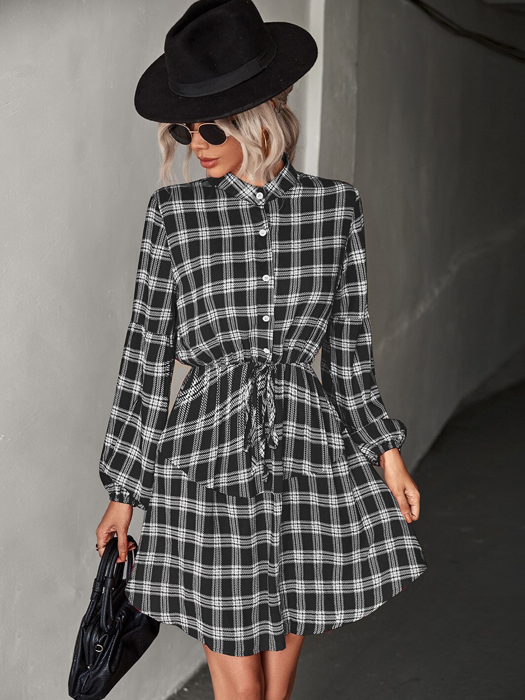 

StyleCast Checked Mandarin Collar Puff Sleeves Fit & Flare Dress, Black