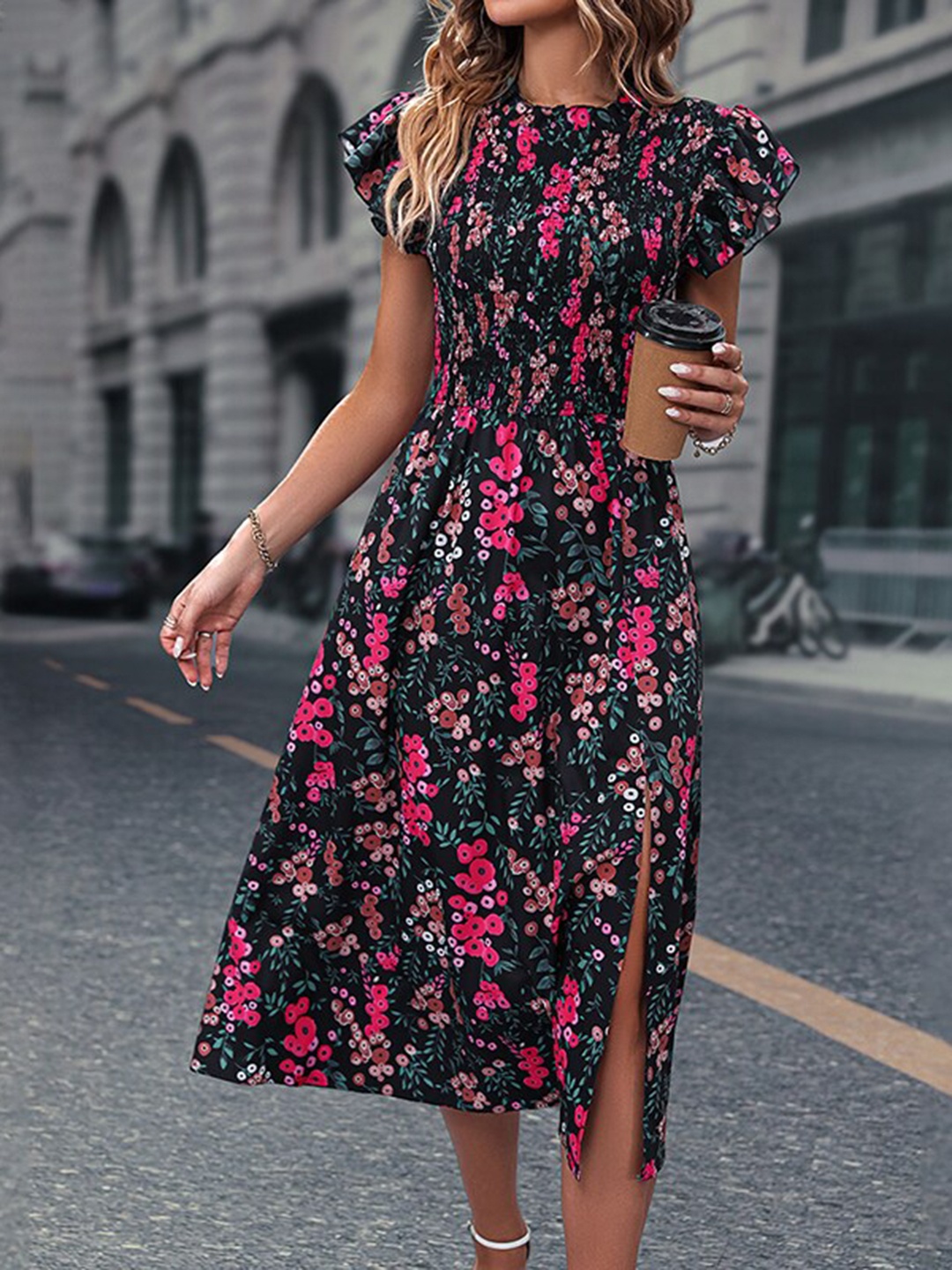 

StyleCast Black & Pink Floral Printed Flutter Sleeves Midi Fit & Flare Dress