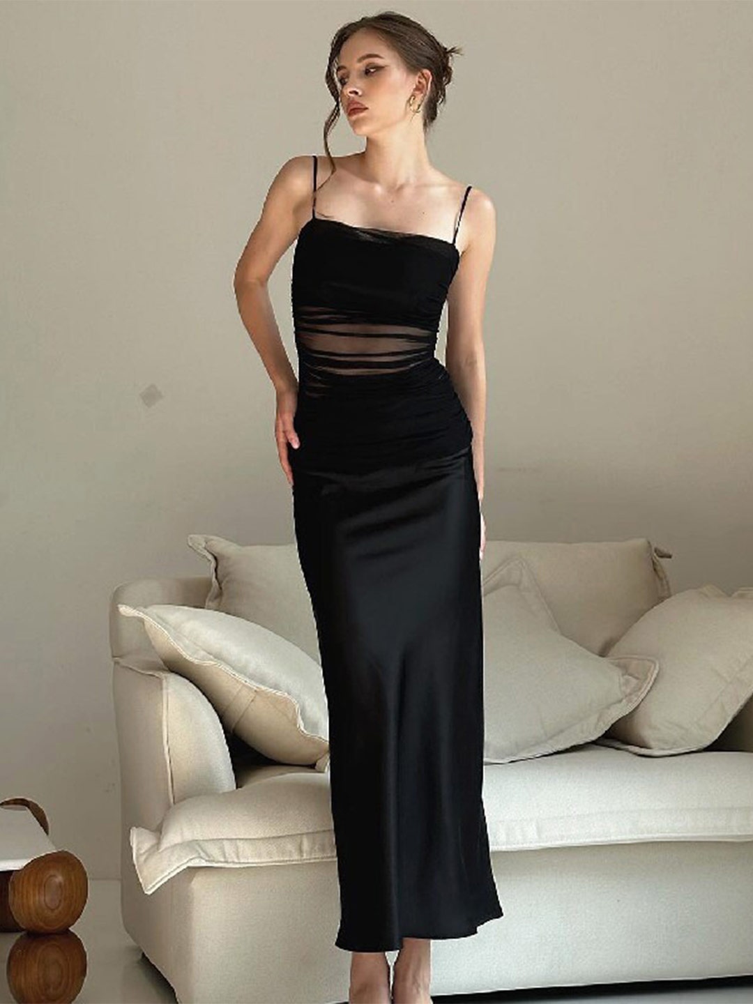 

StyleCast Black Shoulder Straps Gathered Detail Maxi Dress