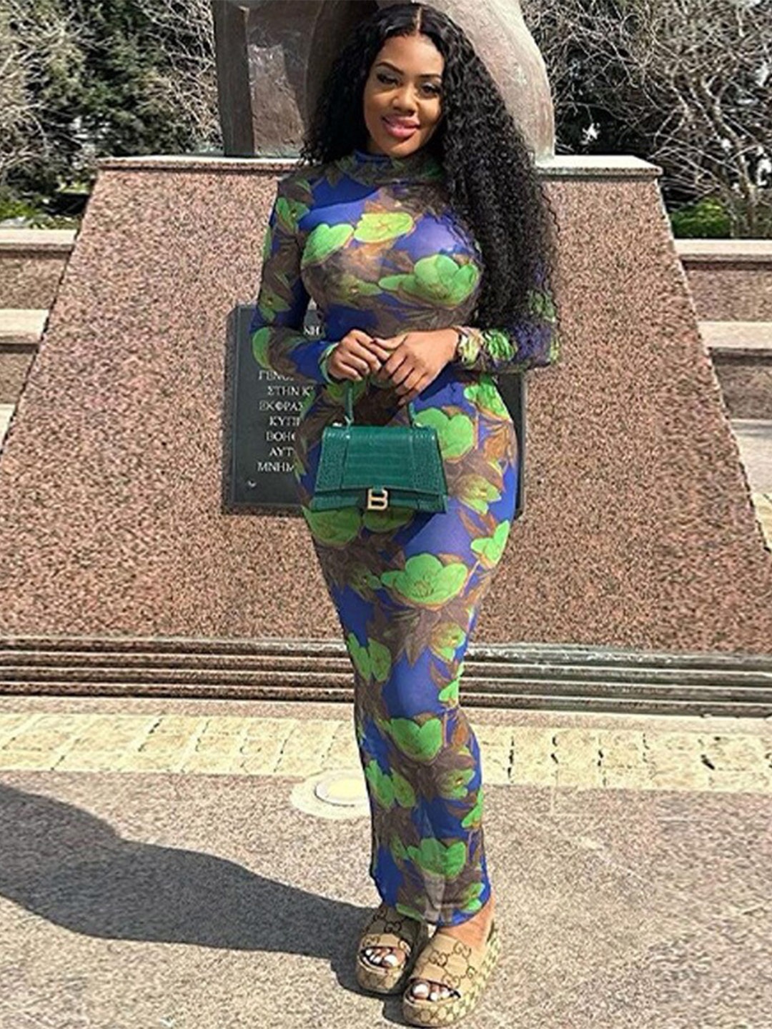 

StyleCast Blue & Green Floral Printed High Neck Maxi Bodycon Dress