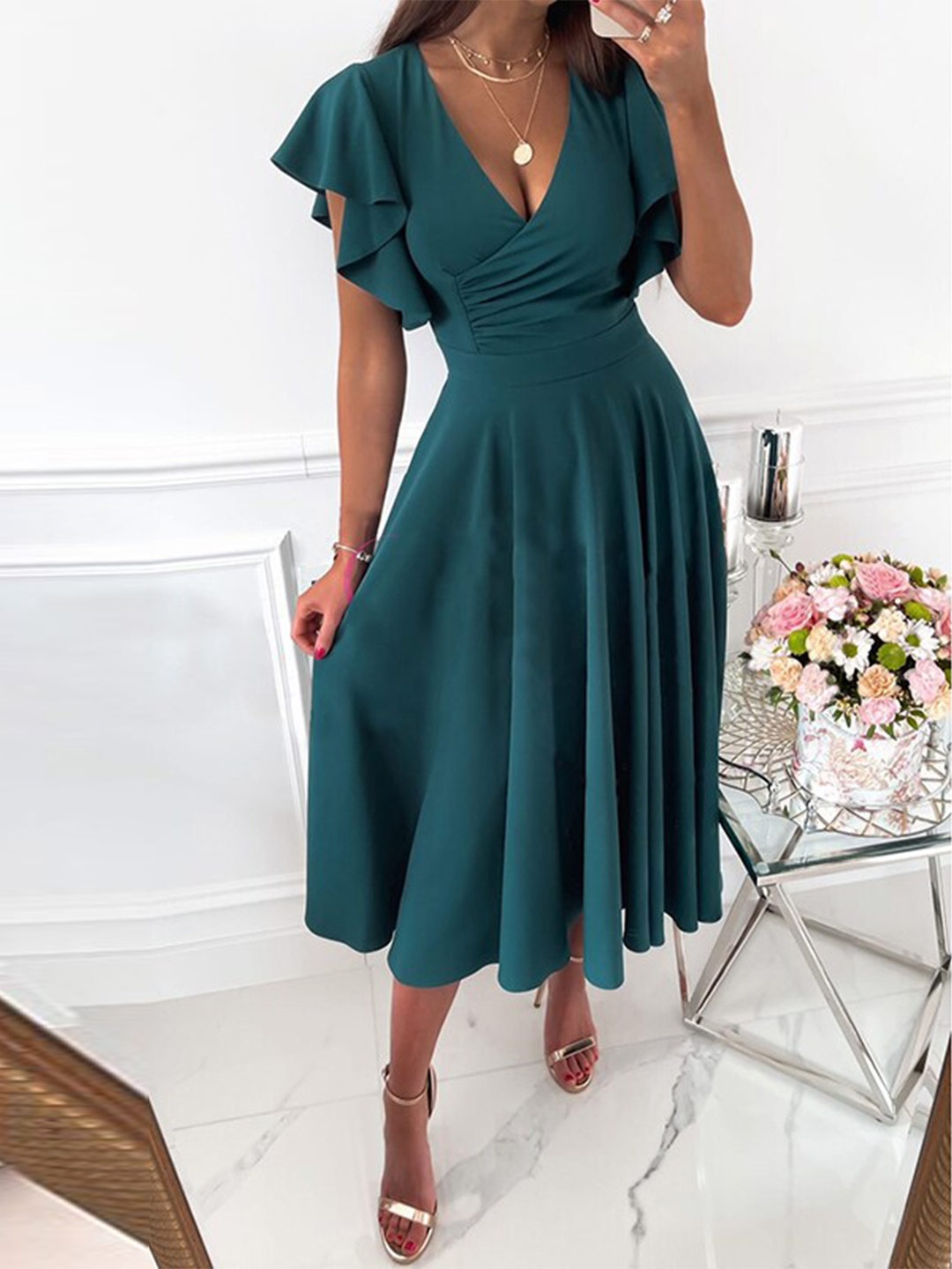 

StyleCast V-Neck Flutter Sleeves Wrap Dress, Green