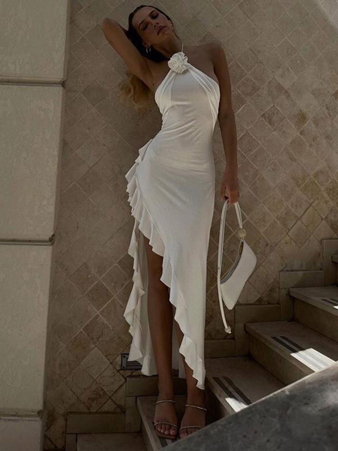 

StyleCast Beige Shoulder Strap Ruffles Sheath Maxi Dress