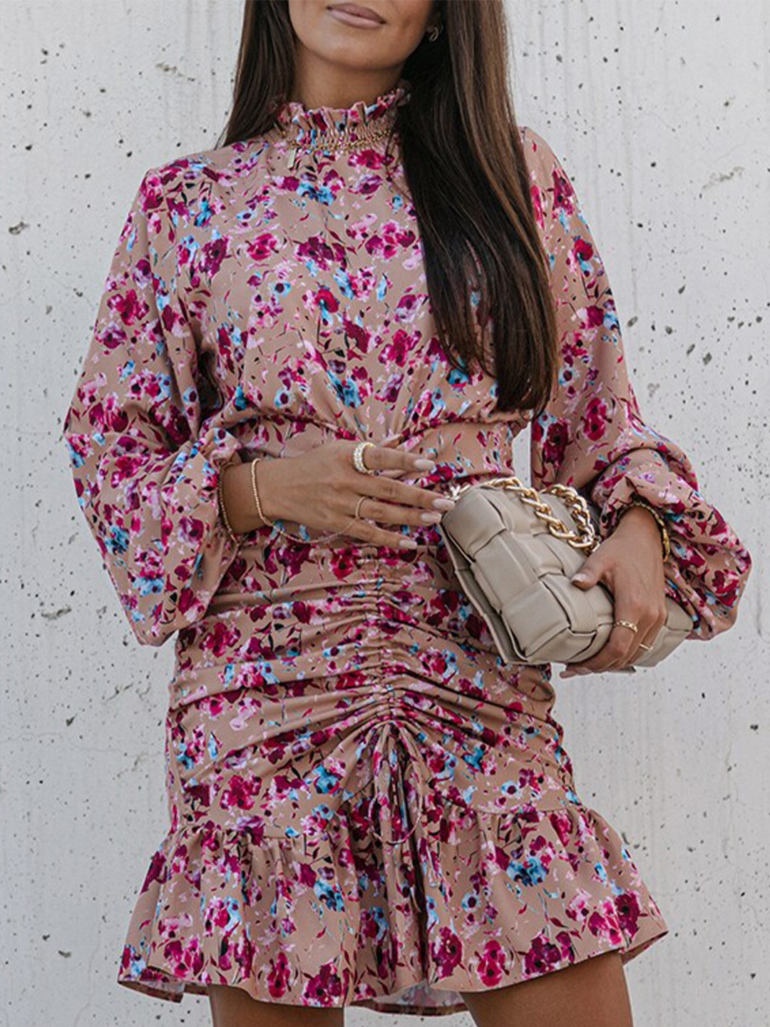

StyleCast Pink Floral Printed Bishop Sleeve Ruched Sheath Dress