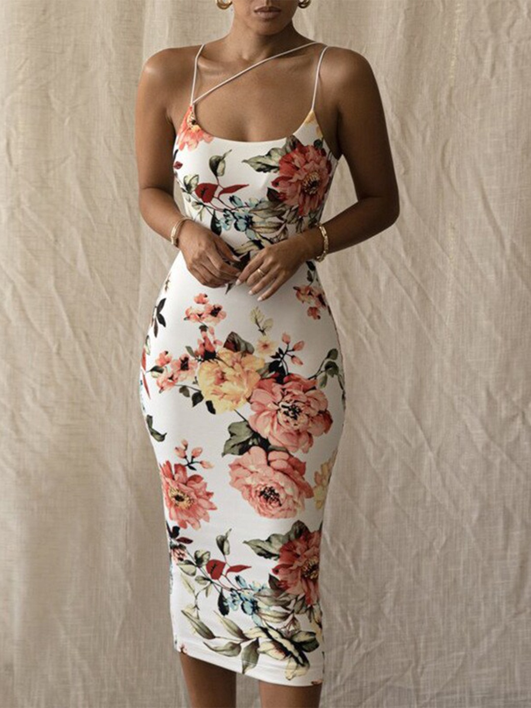 

StyleCast White Floral Printed Shoulder Straps Bodycon Midi Dress