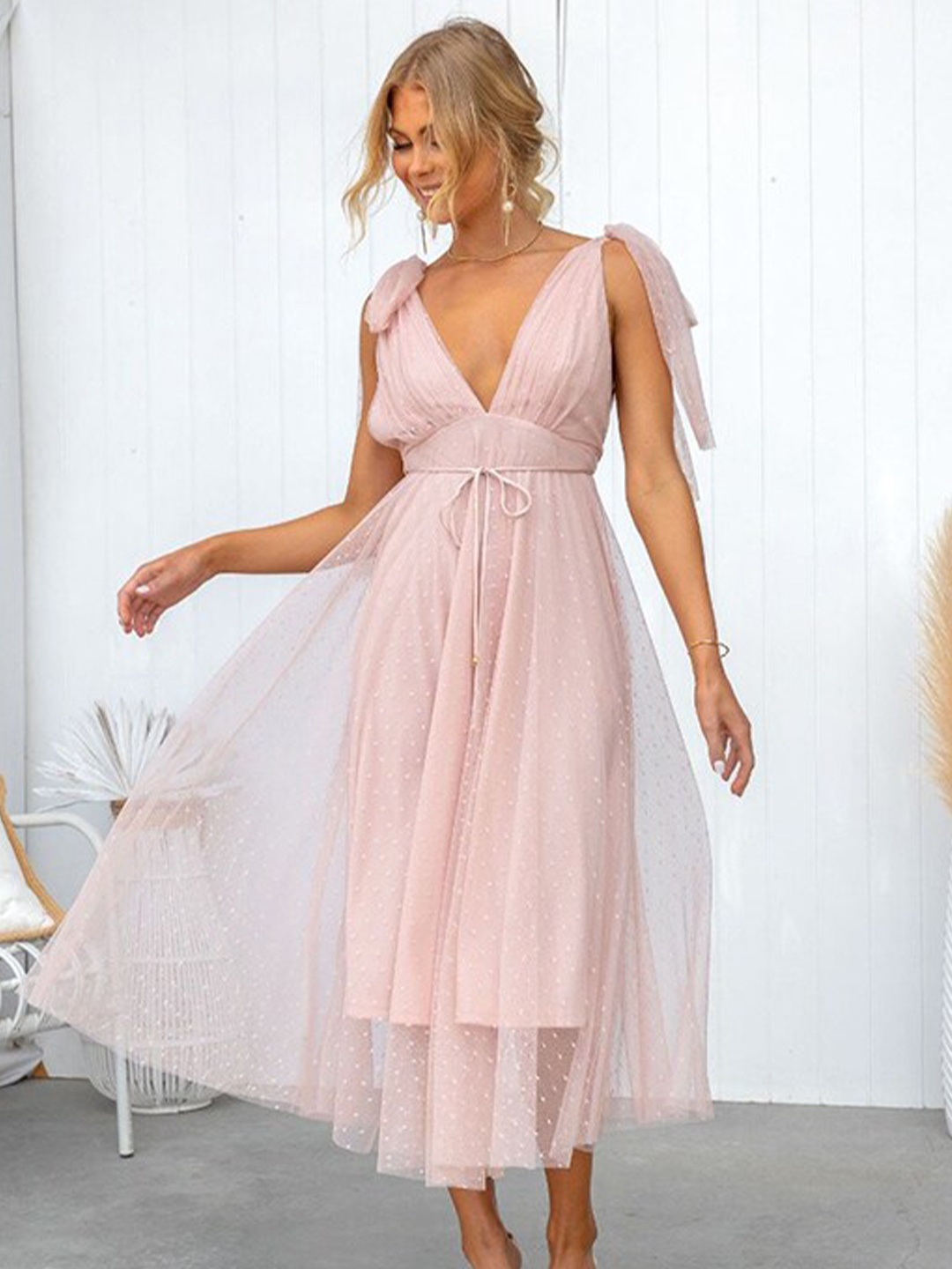 

StyleCast Pink Embellished V-Neck Sleeveless Fit & Flare Midi Dress