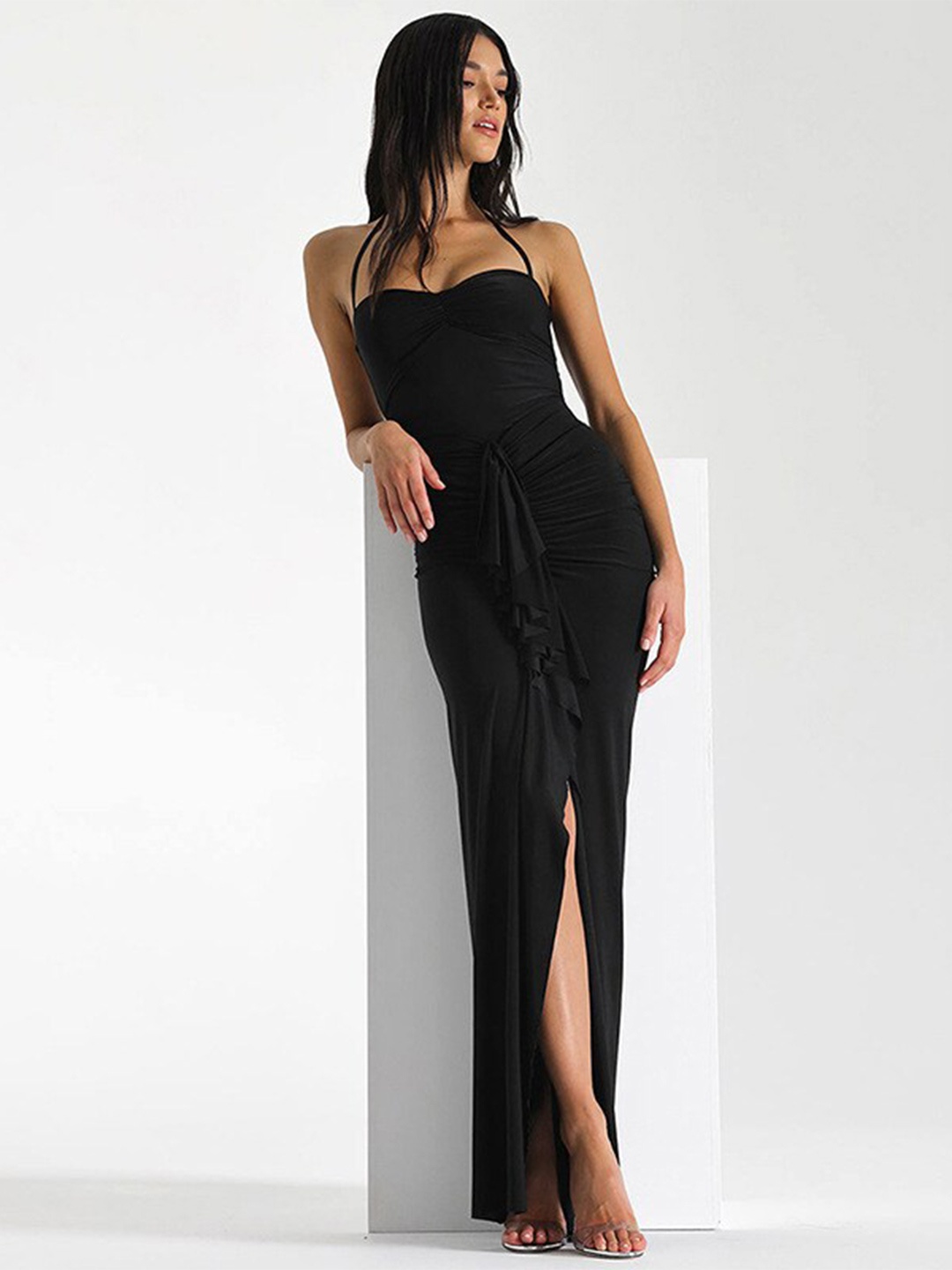 

StyleCast Black Halter Neck Gathered Ruched Maxi Dress
