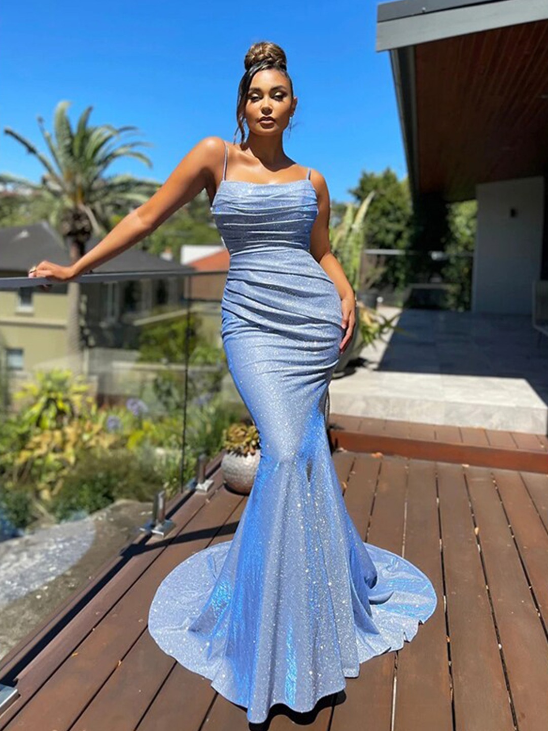 

StyleCast Blue Embellished Shoulder Straps Gathered Detail Maxi Dress