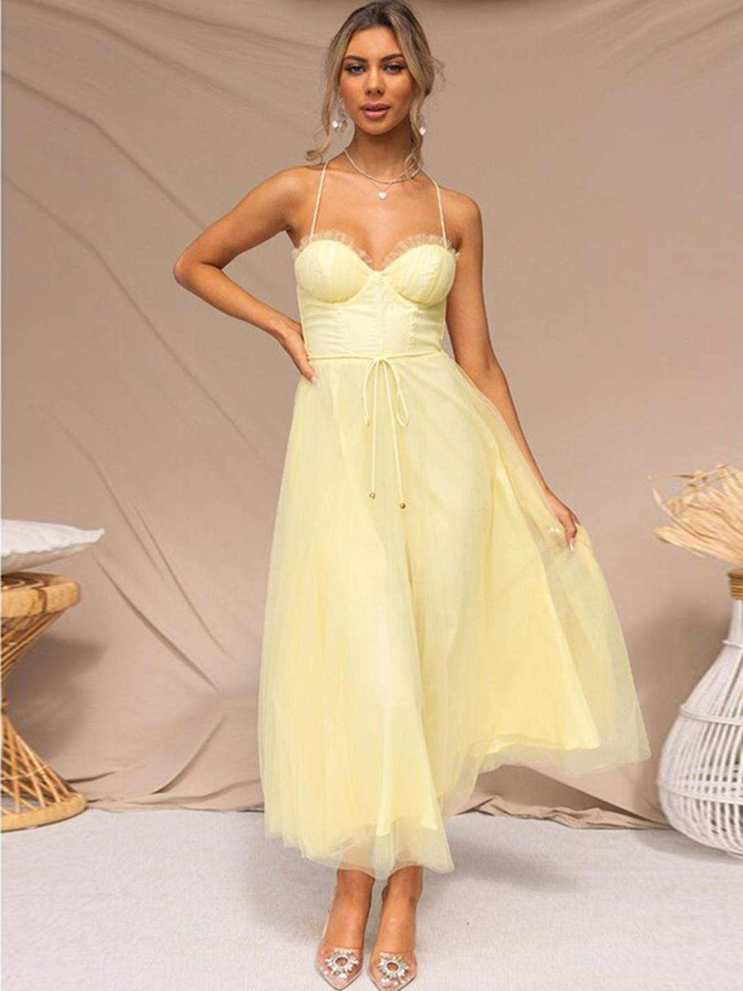 

StyleCast Yellow Shoulder Straps Fit & Flare Maxi Party Dress
