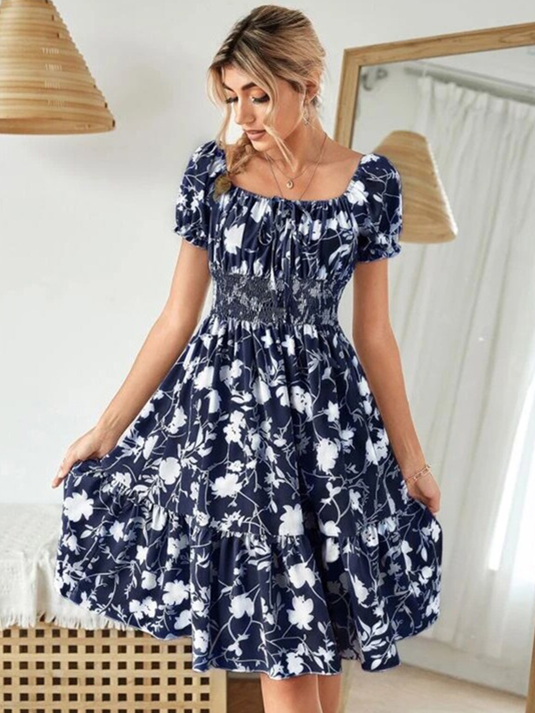 

StyleCast Navy Blue Floral Printed Smocked Fit & Flare Dress