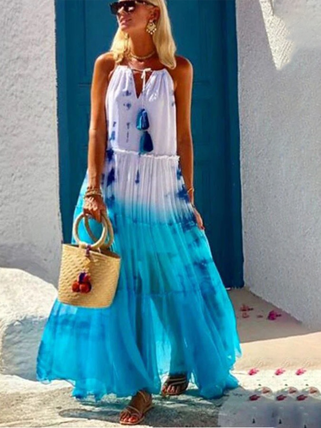 

StyleCast Blue Tie and Dyed Tiered Gathered Maxi Dress