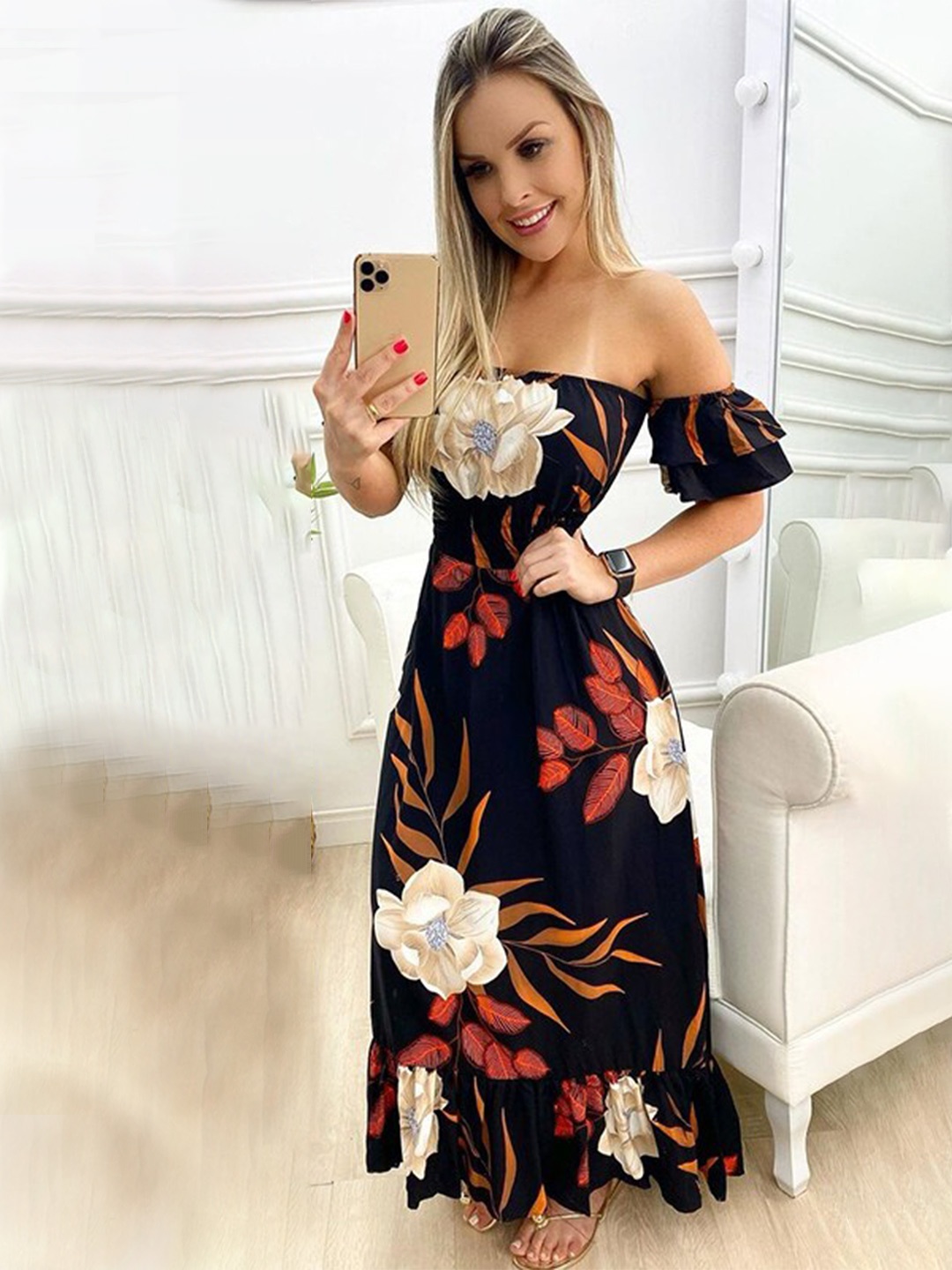 

StyleCast Black Floral Printed Off-Shoulder Flutter Sleeves Maxi Dress