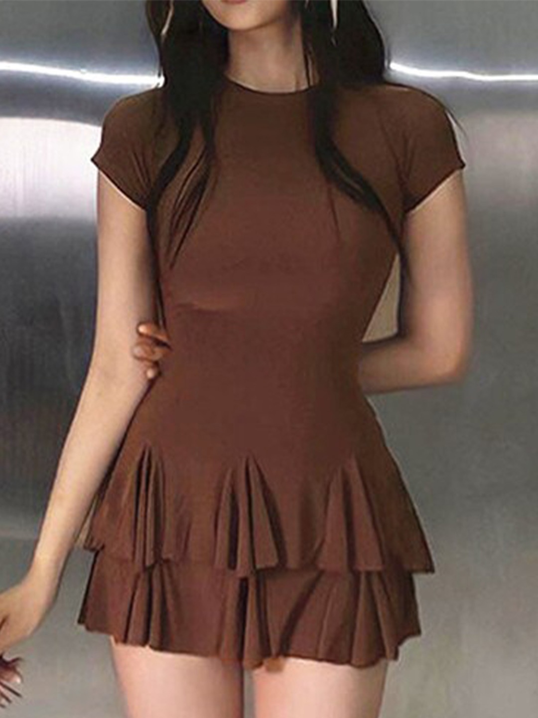 

StyleCast Round Neck Fit and Flare Mini Dress, Brown