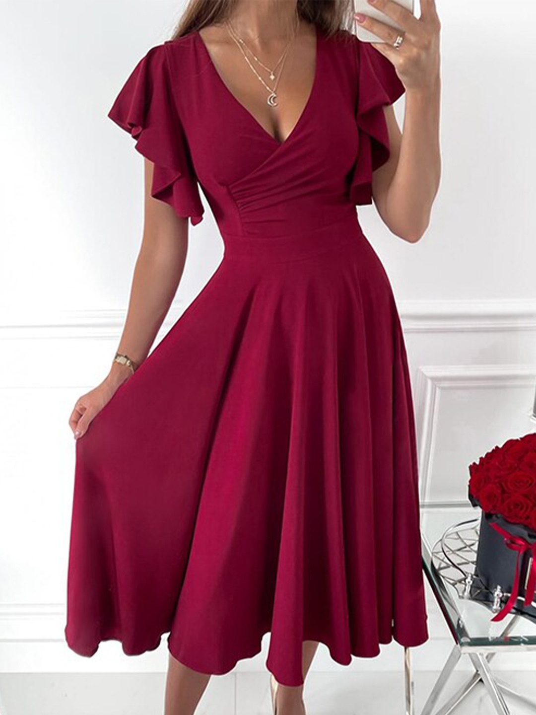 

StyleCast Maroon Flutter Sleeve Fit & Flare Midi Dress