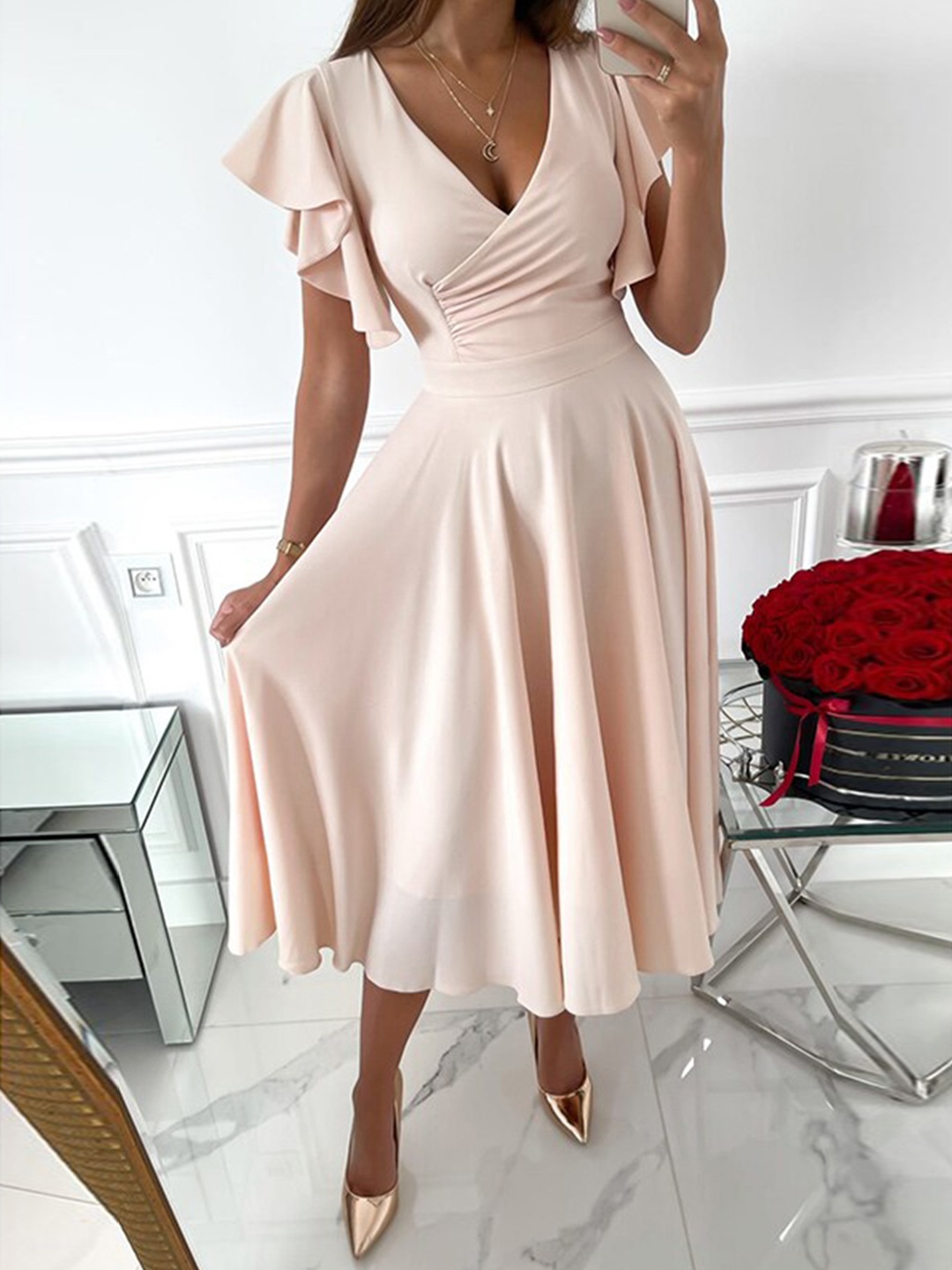 

StyleCast Beige Flutter Sleeve Fit & Flare Midi Dress