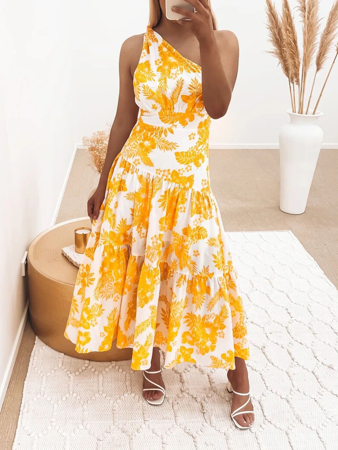 

StyleCast Yellow Floral Printed One Shoulder Fit & Flare Midi Dress