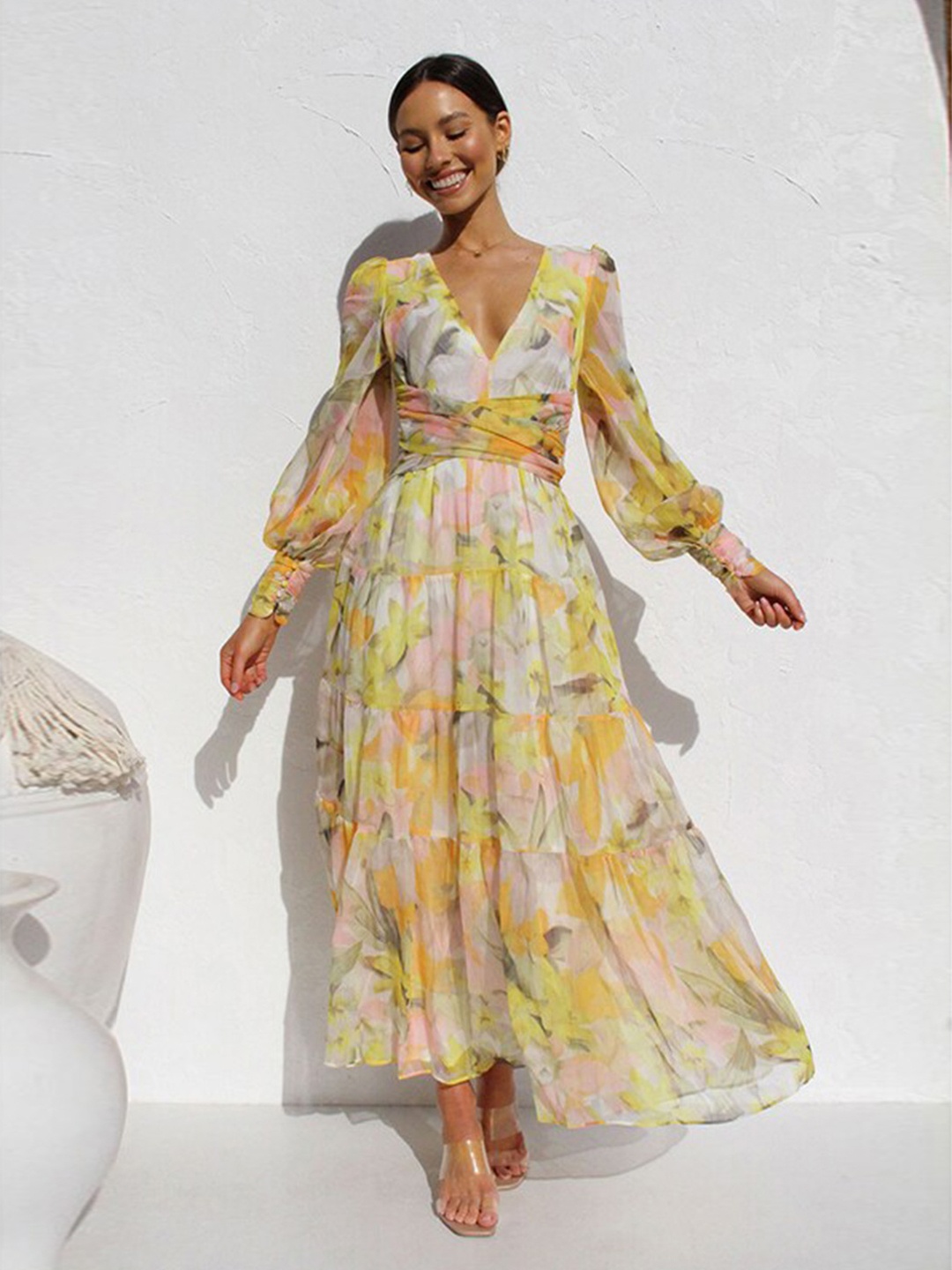 

StyleCast Yellow Floral Printed Puff Sleeve Cotton Midi Dress