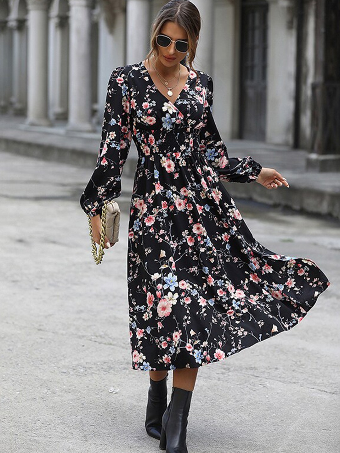 

StyleCast Black Floral Printed A-Line Midi Dress