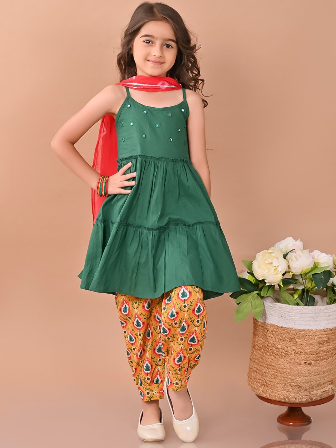 

LilPicks Girls Mirror Work Pure Cotton A-Line Kurta & Salwar With Dupatta, Green