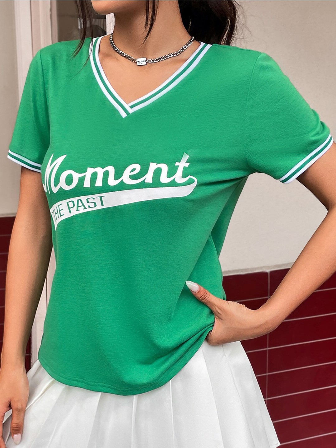 

StyleCast Green Typography Printed V-Neck Casual Top