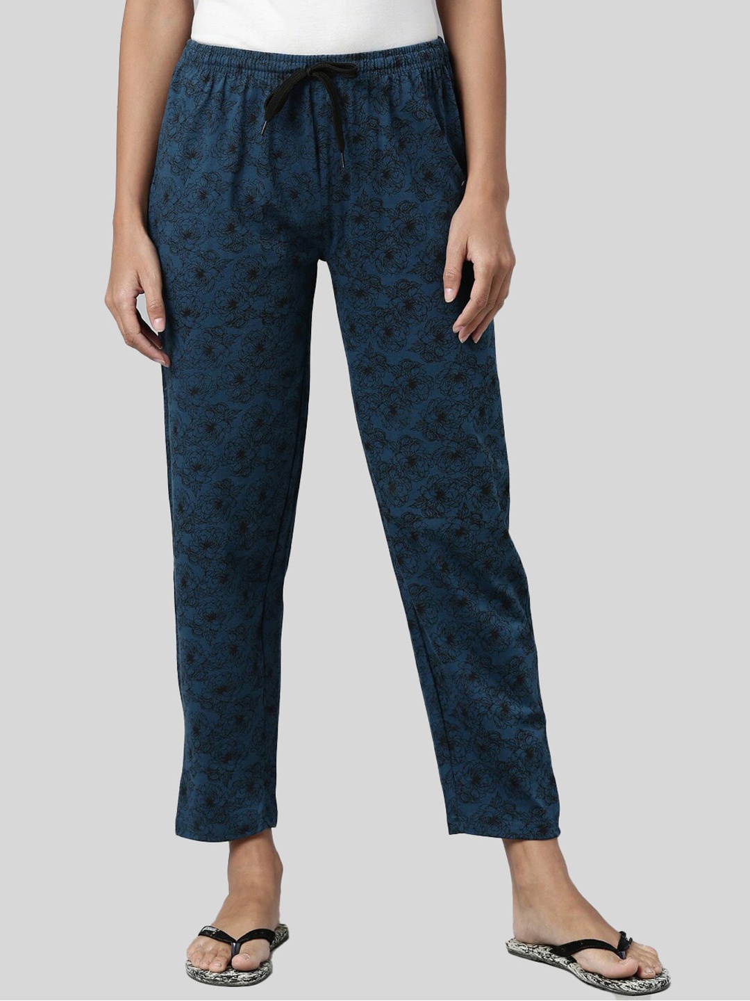 

Kryptic Women Floral Printed Pure Cotton Lounge Pants, Teal