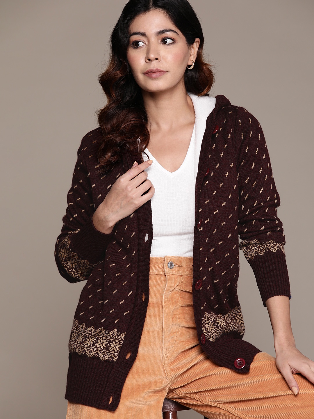 

Roadster Women Printed Cardigan, Maroon