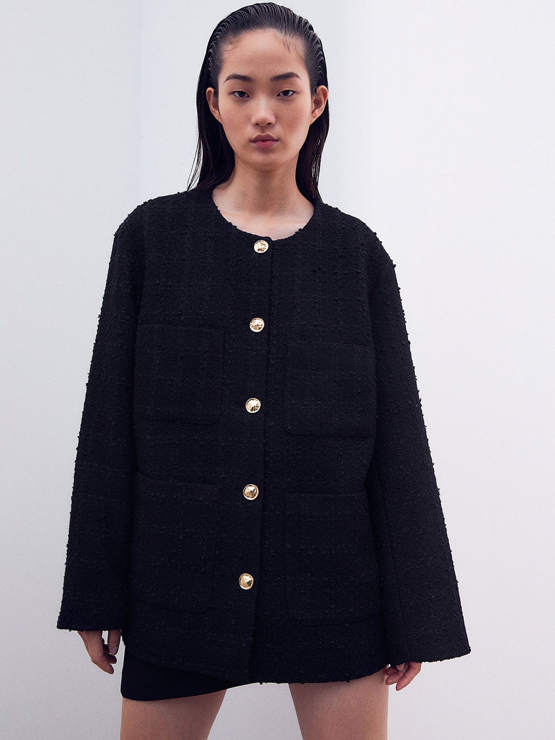 

H&M Oversized Textured Jacket, Black