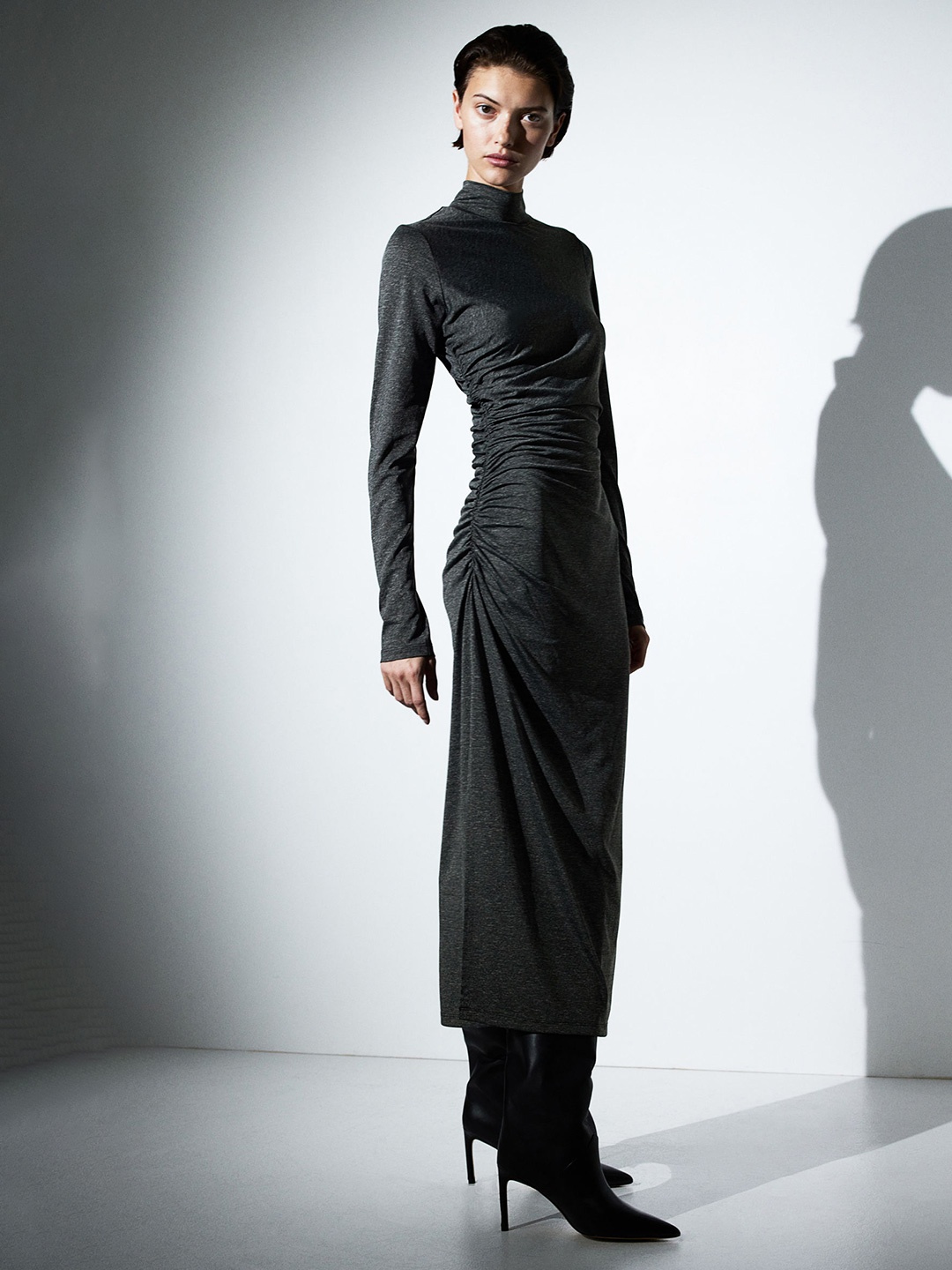

H&M Gathered Turtleneck Dress, Grey