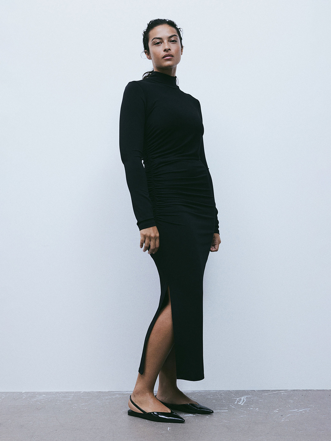 

H&M Gathered Turtleneck Dress, Black
