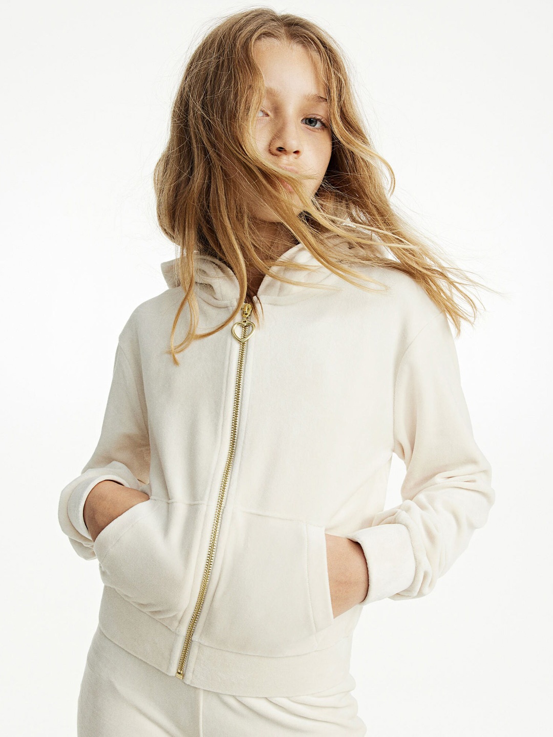 

H&M Girls Velour Zip-Through Hoodie, Beige