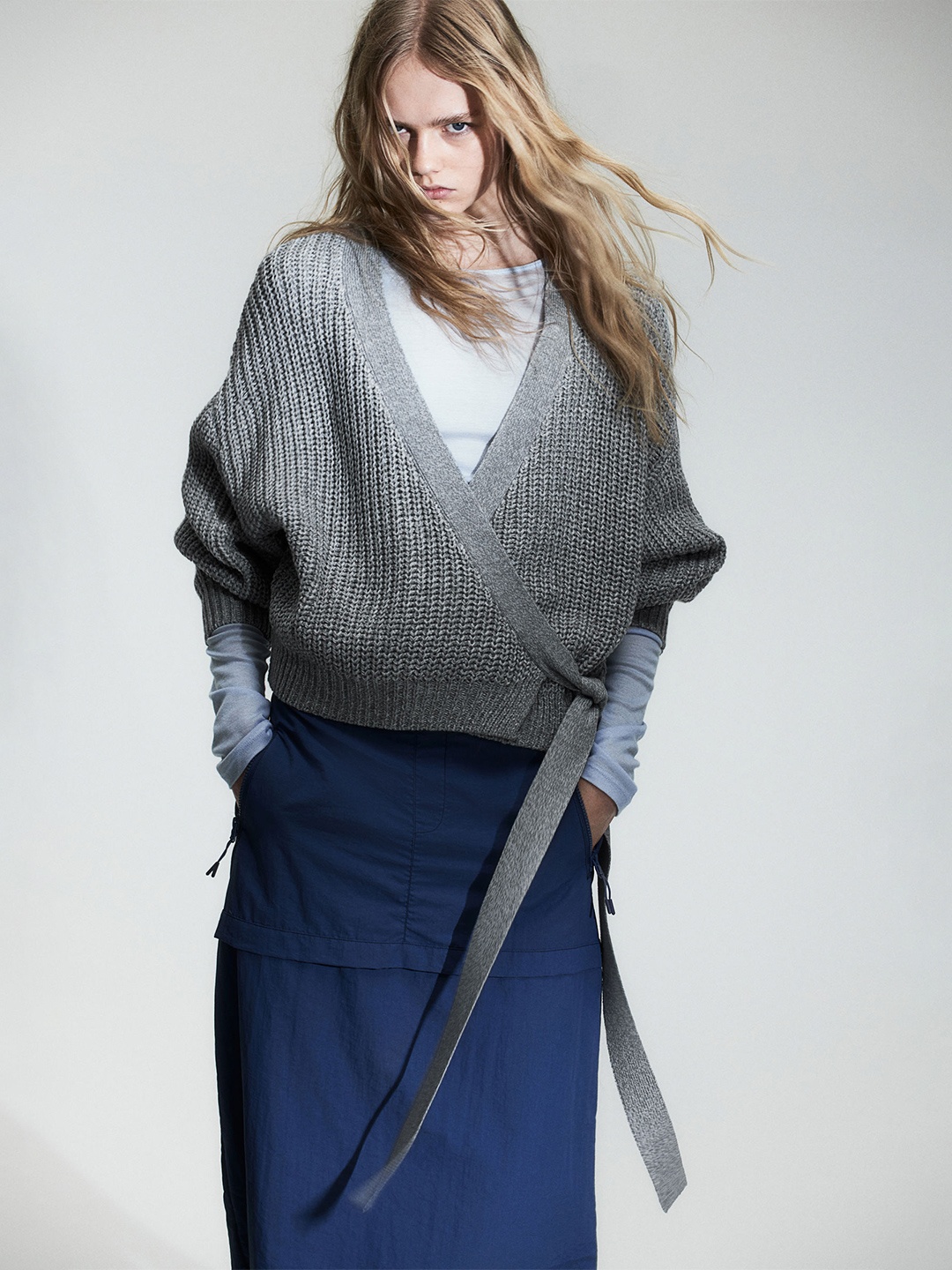 

H&M Acrylic Rib-Knit Wrap Cardigan, Grey