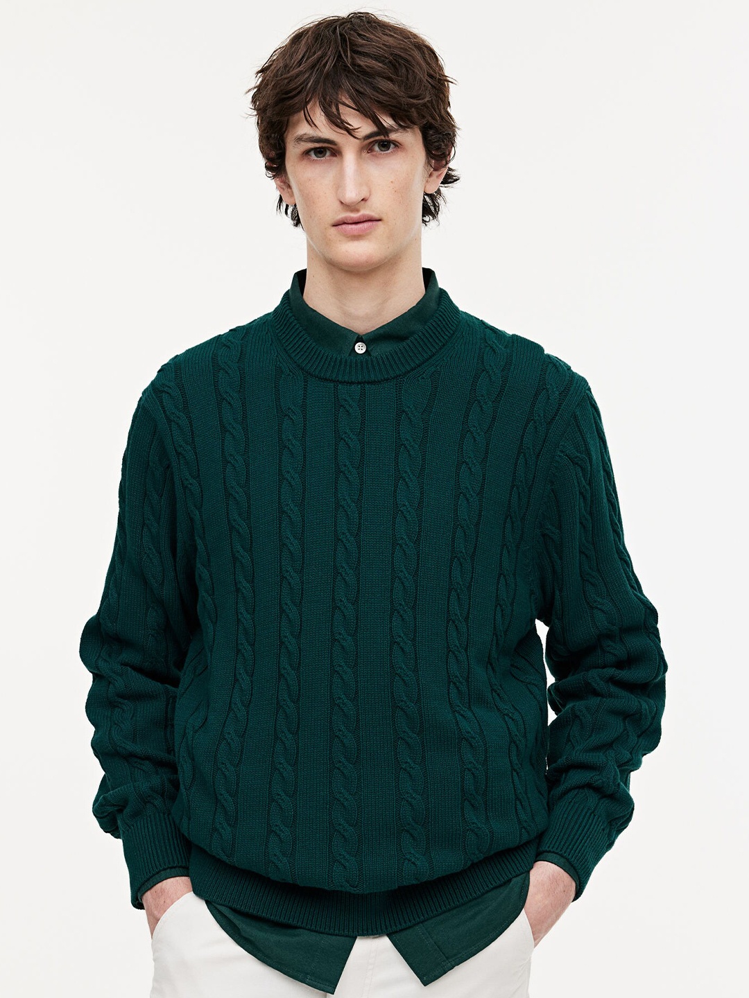 

H&M Pure Cotton Regular Fit Cable-knit jumper, Green