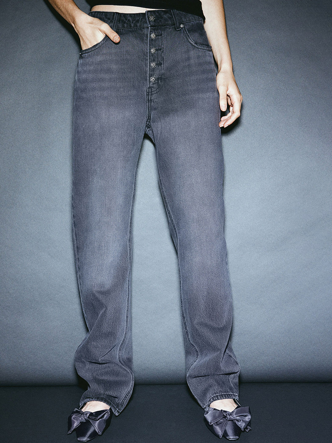 

H&M Women Pure Cotton Straight High Jeans, Grey