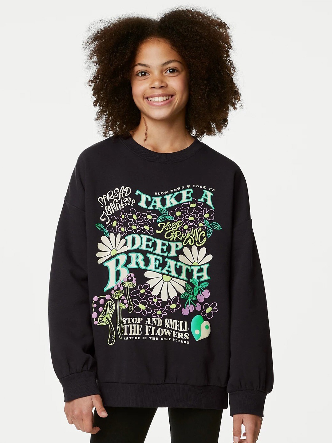 

Marks & Spencer Girls Typography Printed Drop Shoulder Sleeves Sweatshirt, Black