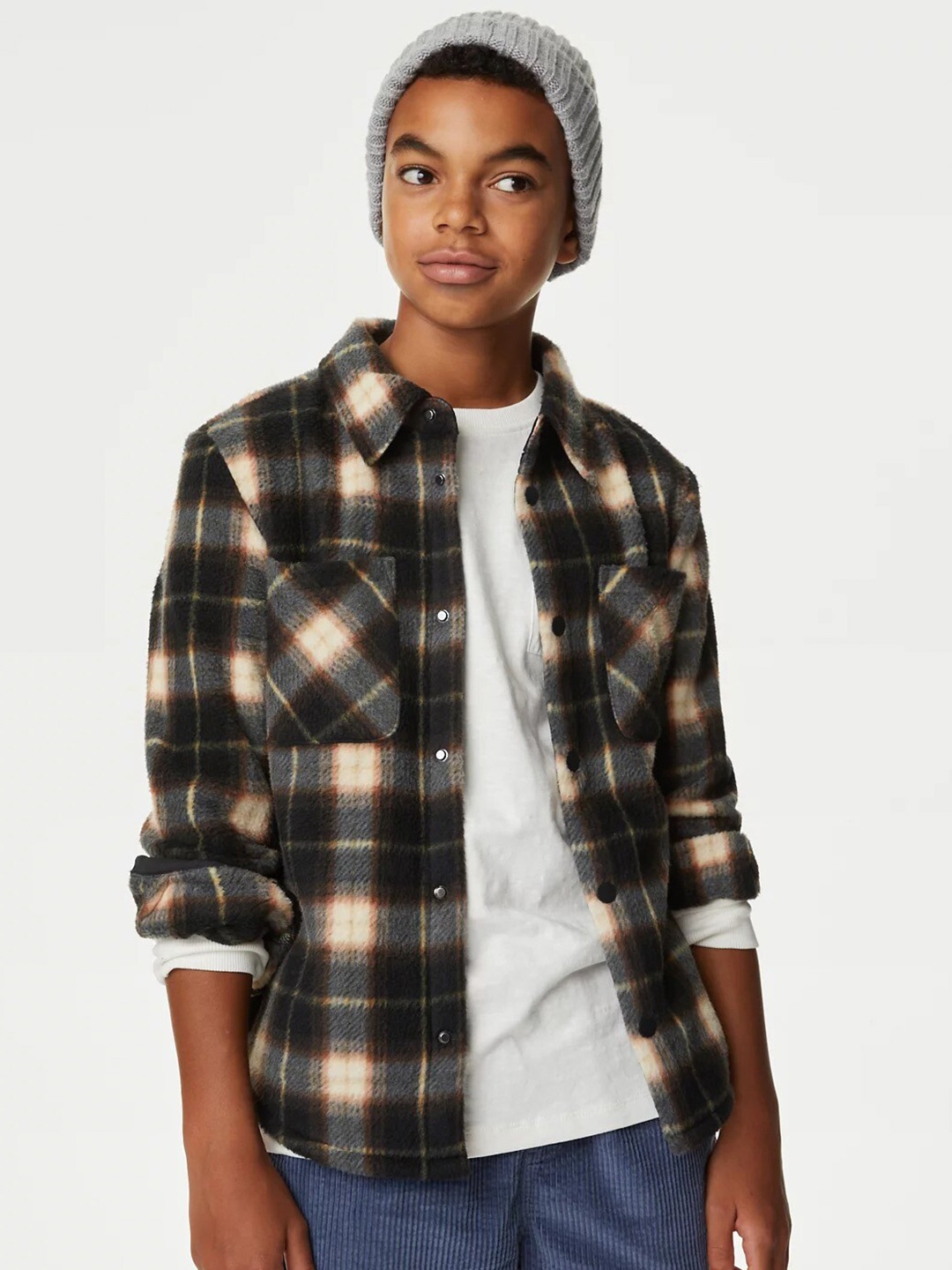 

Marks & Spencer Boys Tartan Checks Fleece Casual Shacket, Black