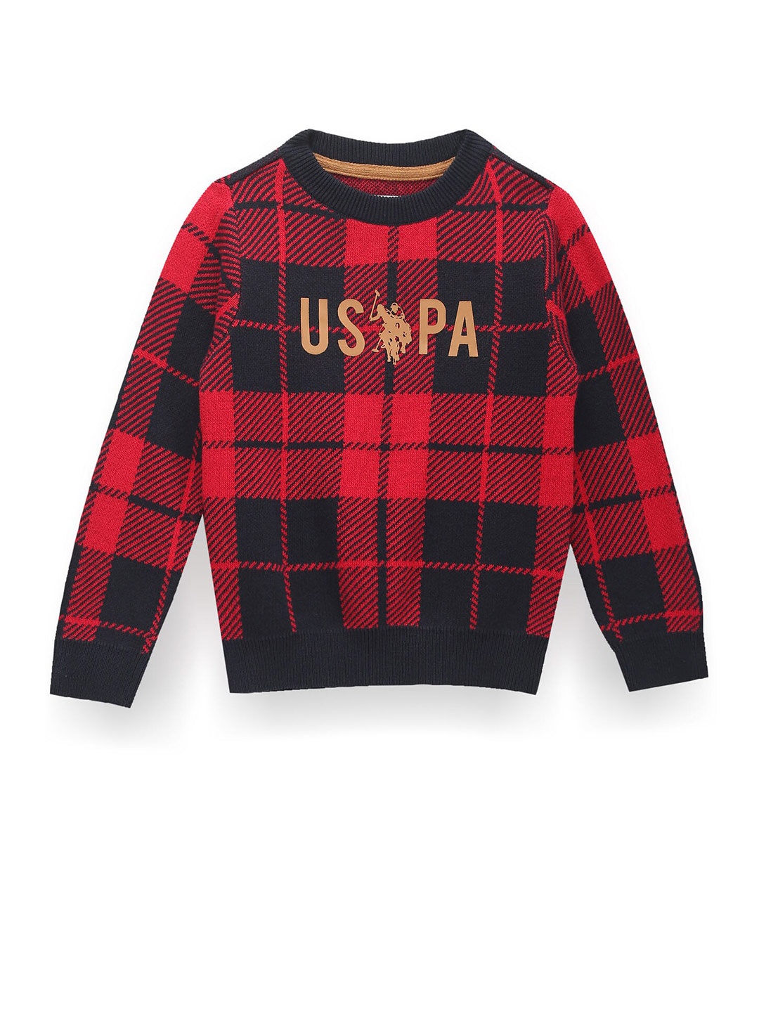 

U.S. Polo Assn. Kids Boys Checked Crew Neck Pullover, Red