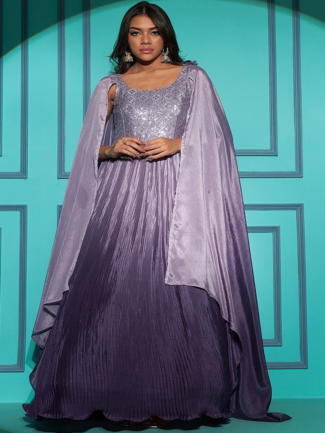

Mitera Purple Floral Embroidered Cape Sleeves Sequinned Silk Fit & Flare Maxi Ethnic Dress