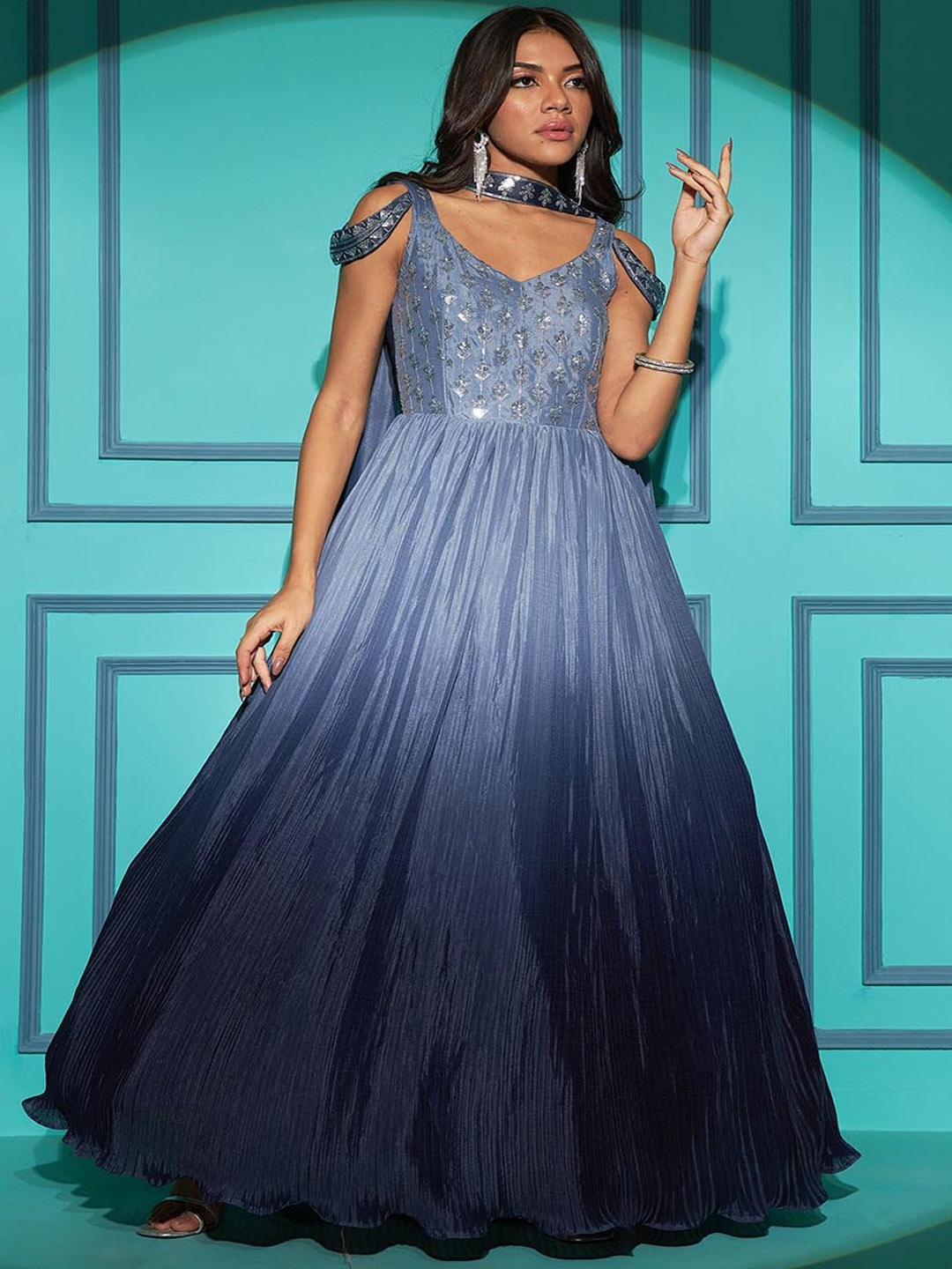 

Mitera Grey Floral Embroidered Sequinned Silk Fit & Flare Maxi Ethnic Dress With Dupatta