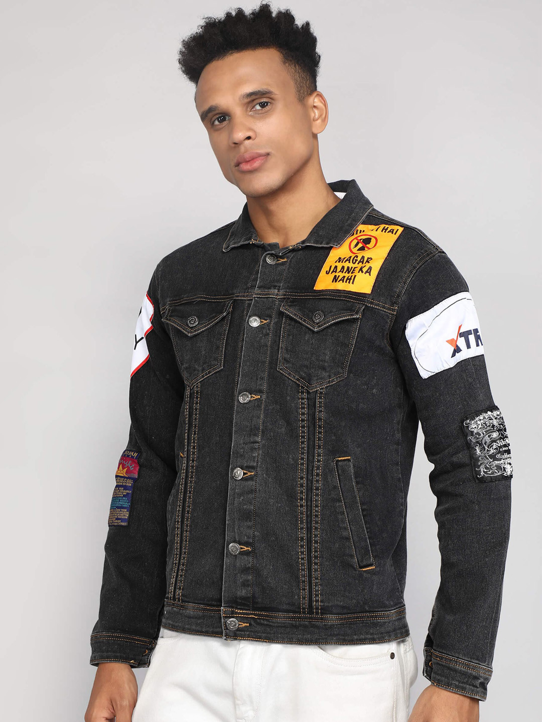 

FTX Men Black Washed Cotton Denim Jacket with Patchwork