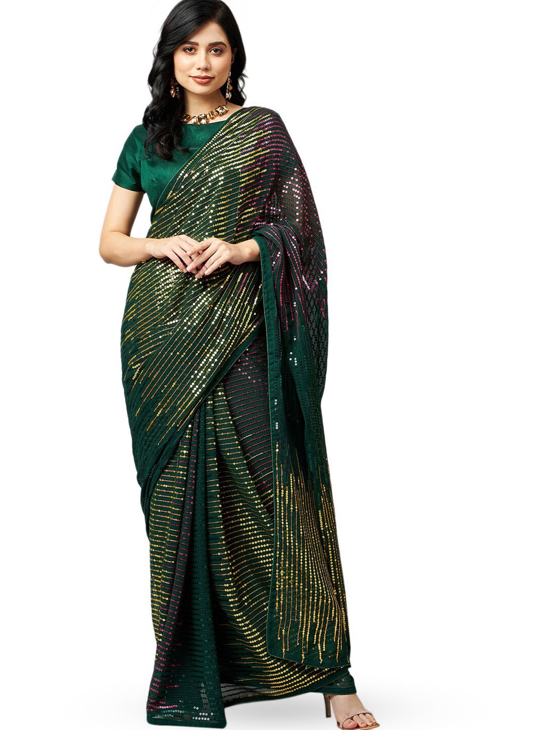 

Nimayaa Embellished Sequinned Pure Georgette Saree, Green