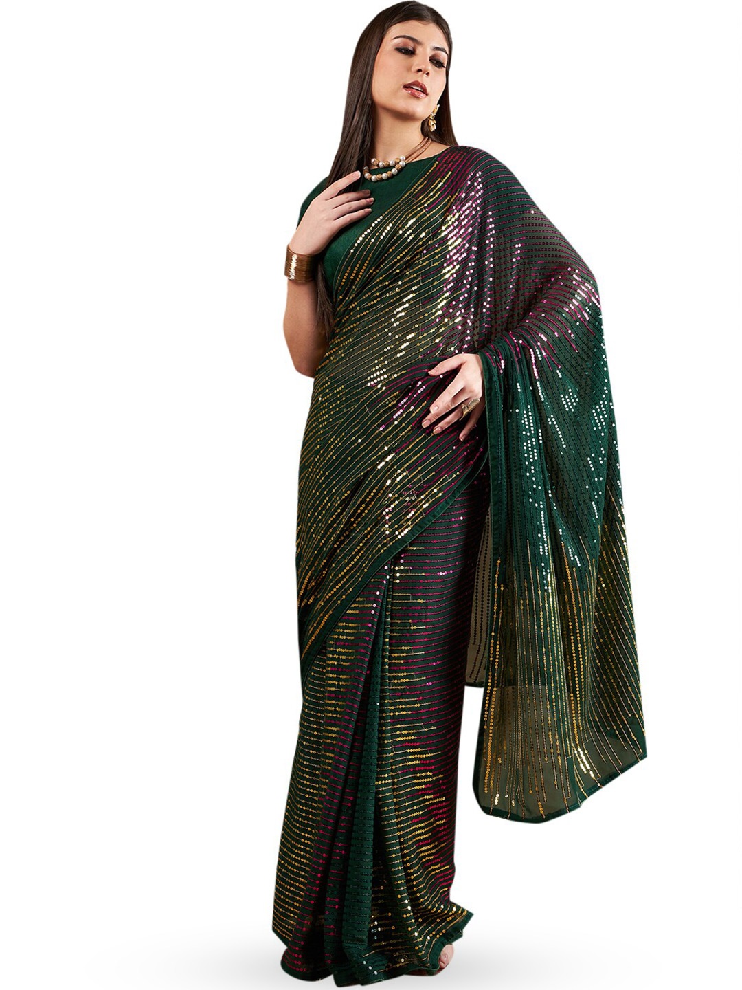 

Nimayaa Embellished Sequinned Pure Georgette Saree, Green