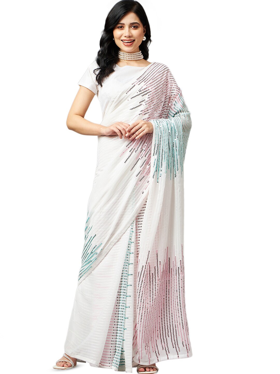 

Nimayaa Embellished Sequinned Pure Georgette Saree, White