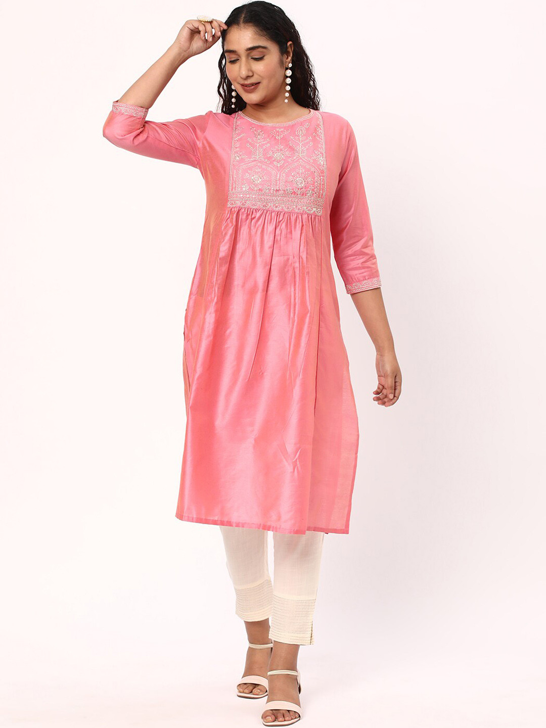 

R&B Ethnic Motifs Yoke Design Sequinedd Pleated A-Line Kurta, Pink