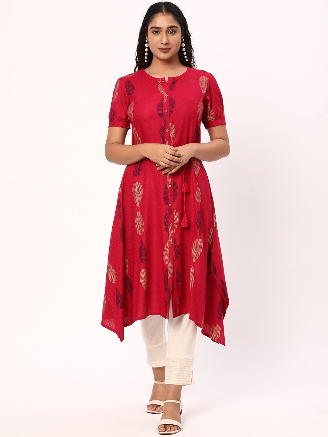 

R&B Ethnic Motif Printed Puff Sleeves A-Line Kurta, Red