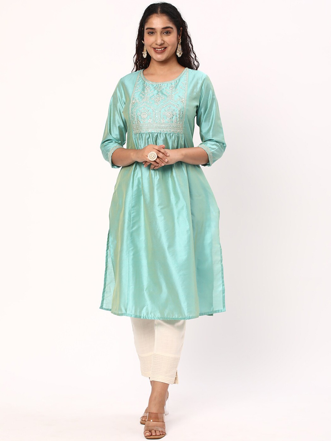 

R&B Ethnic Motifs Yoke Design Sequined A-Line Kurta, Sea green