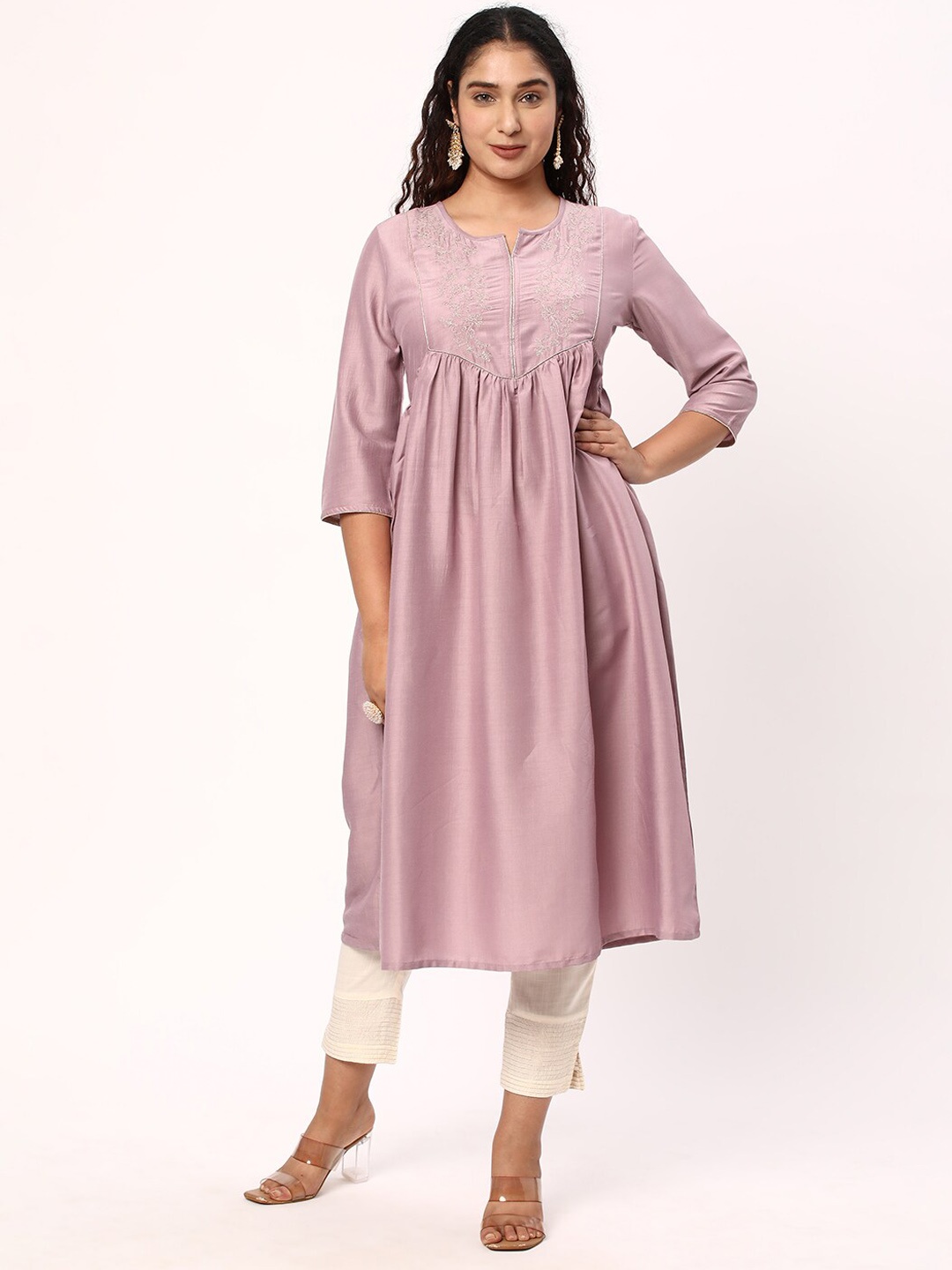 

R&B Floral Yoke Design Thread Work Pleated A-Line Kurta, Purple