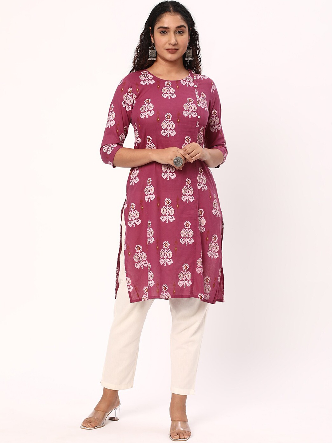 

R&B Ethnic Motifs Printed Round Neck Pure Cotton Straight Kurta, Red