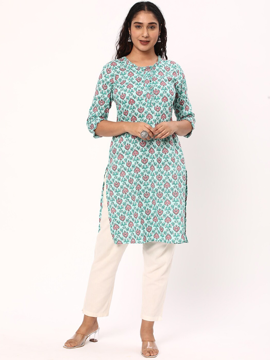 

R&B Women Blue Floral Printed Keyhole Neck Sequinned Kurta