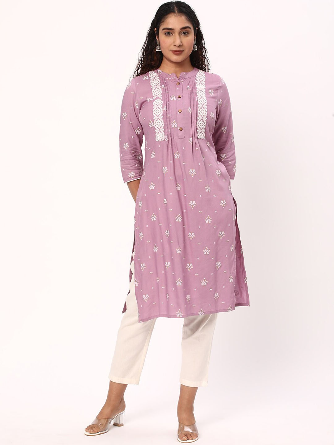 

R&B Ethnic Motifs Embroidered Mandarin Collar A-line Kurta, Purple